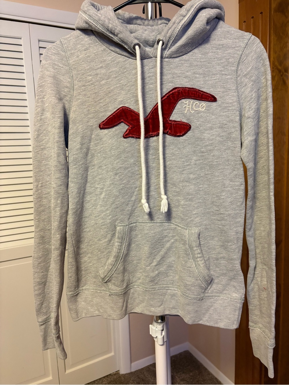 Hollister Light Gray Pullover Hoodie with Red Seagull Logo